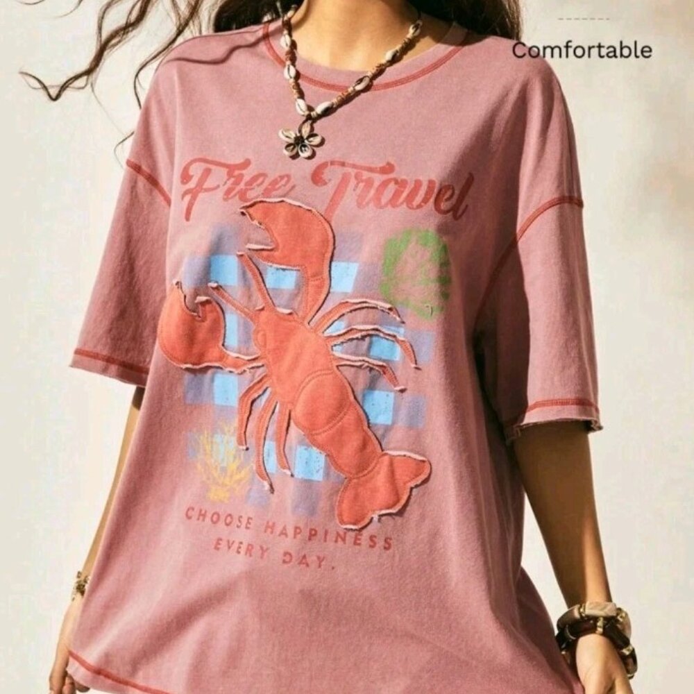 Easelle Applique Lobster Tee Oversized Womens Large Pink